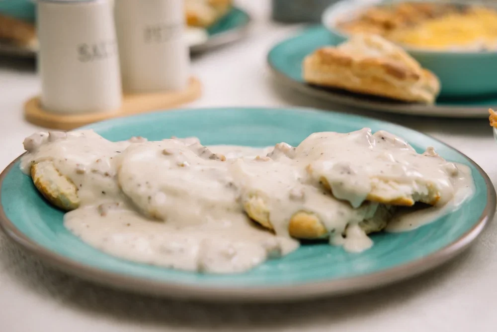 Biscuits smothered in white sausage gravy on a teal plate